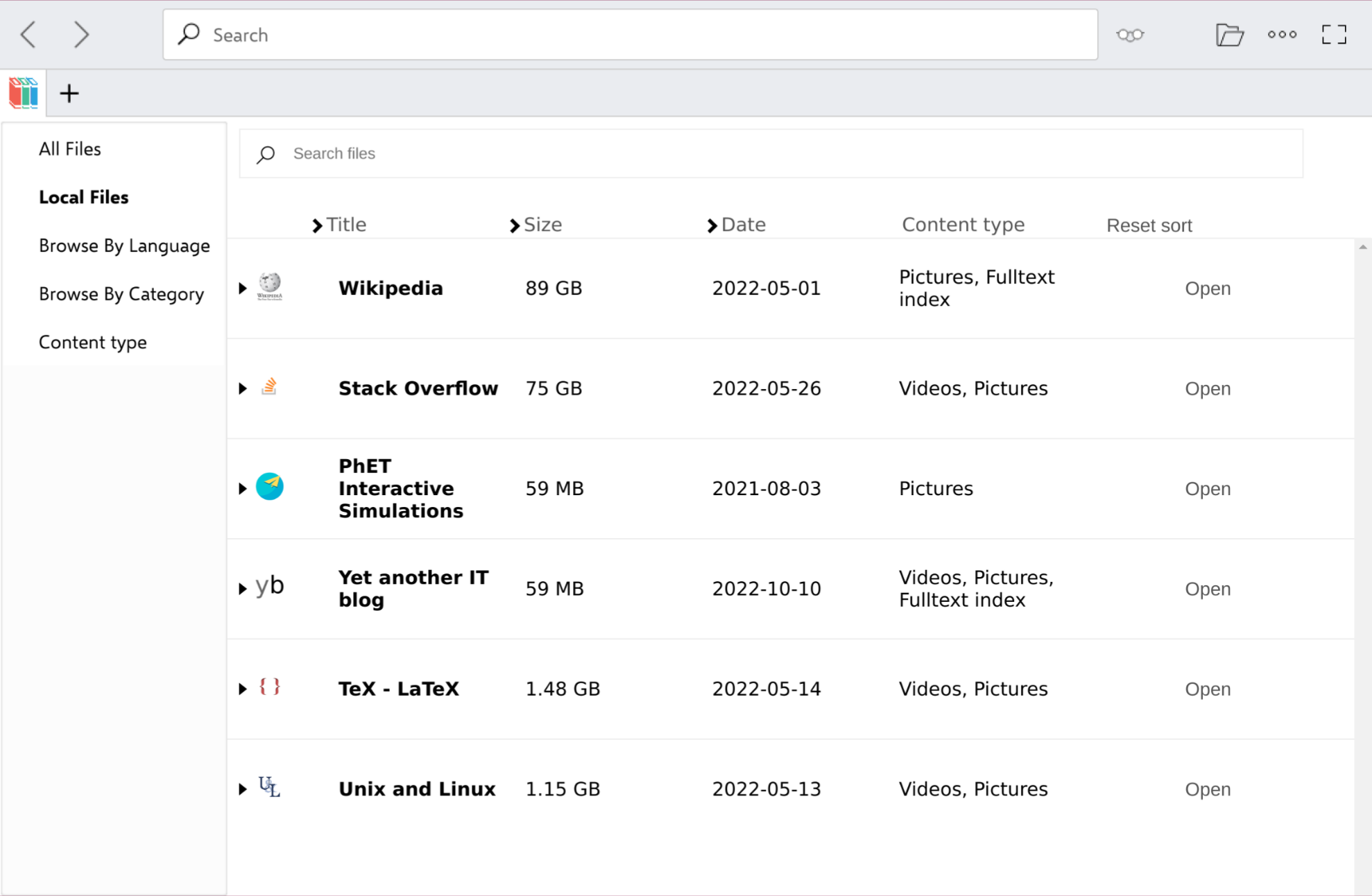 Screenshot of the Kiwix Desktop application listing several ZIM files, including Wikipedia and StackOverflow